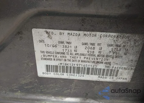 2007 Mazda Mazda3 I z USA, uszkodzony, nr VIN JM1BK12F971651125